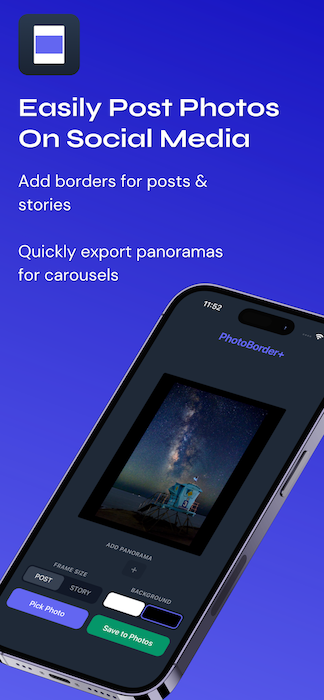 PhotoBorder+ — White 4:5 border on a landscape photo with all controls visible